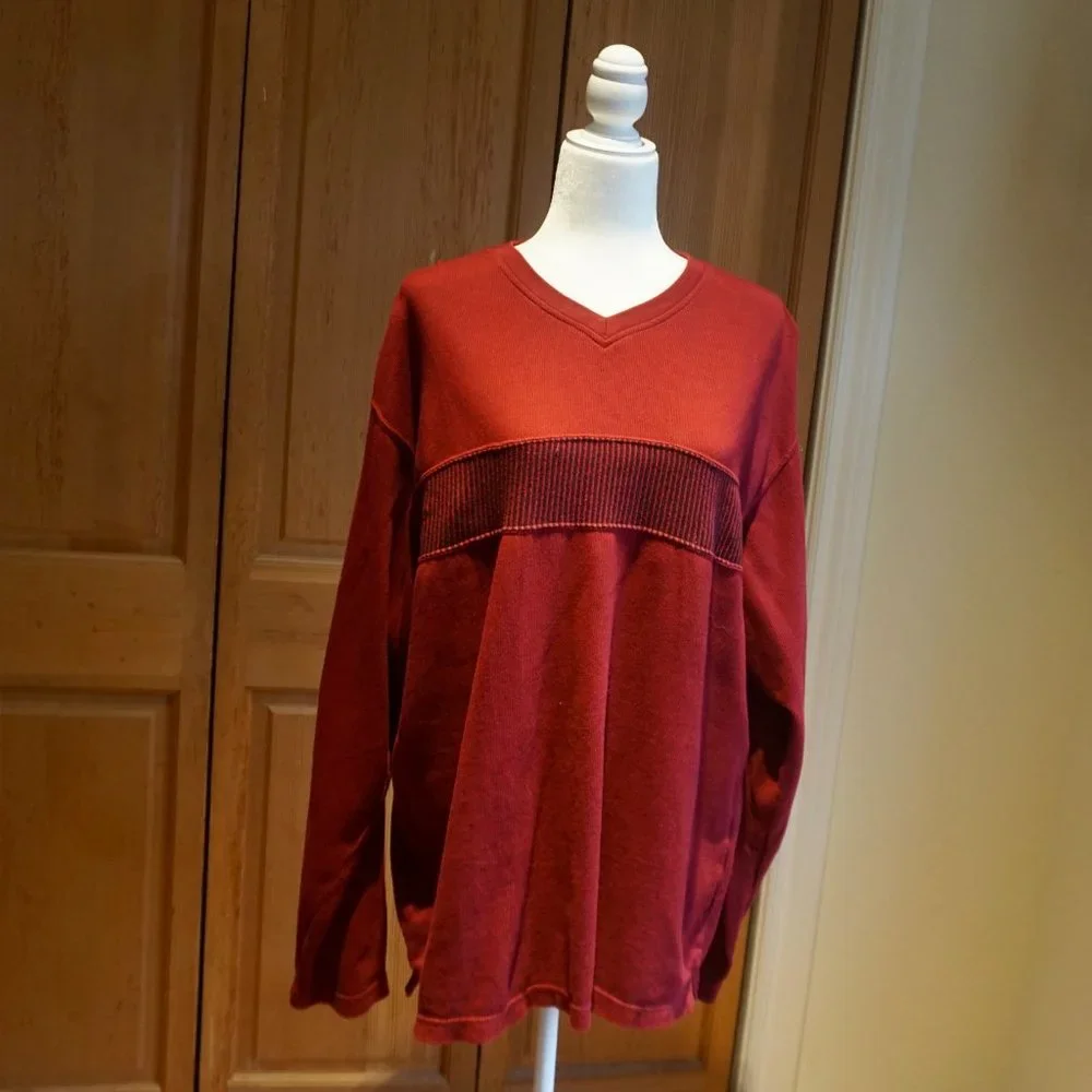 💚 VINTAGE CHAPS | RALPH LAUREN Red V-Neck Stripe Sweater (L)